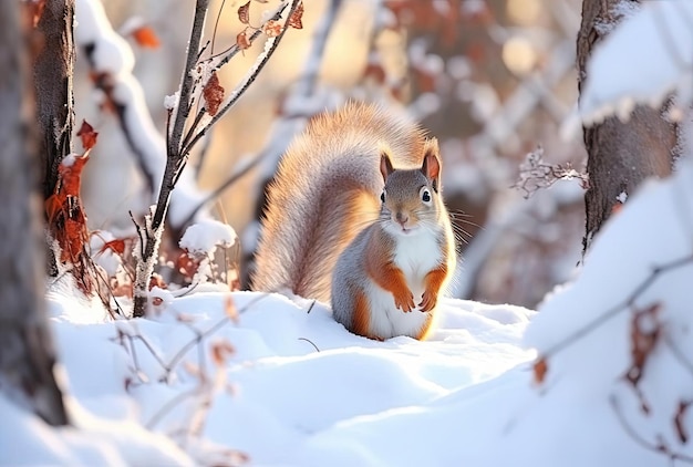 Écureuil moelleux mignon sur une neige blanche dans la forêt d'hiver