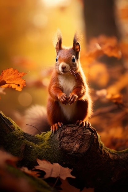 Écureuil roux sur un arbre dans la forêt d'automne Beau portrait d'animal