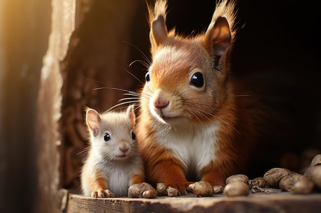 Écureuil roux avec bébé dans la forêt