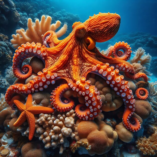 Photo une curieuse pieuvre violette aux huit longs bras assise sur un récif de corail coloré