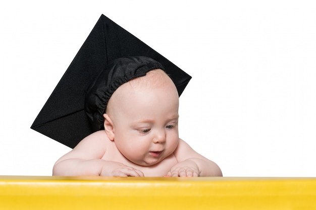 Curieux, bébé, académique, chapeau, table