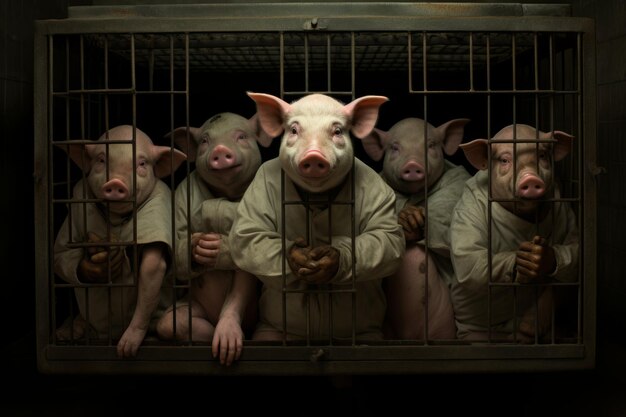 Photo le curieux cas des cinq cochons captifs dans une cage ar 32
