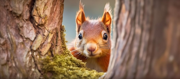 Photo curieux écureuil roux furtivement derrière le tronc de l'arbre generative ai