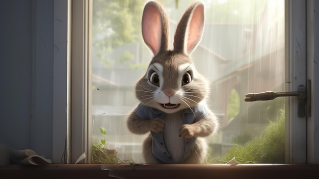 Le curieux lapin de dessin animé qui regarde par une fenêtre par une journée ensoleillée