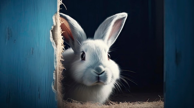 Curieux lapin de Pâques jetant un coup d'œil par le trou du mur bleu