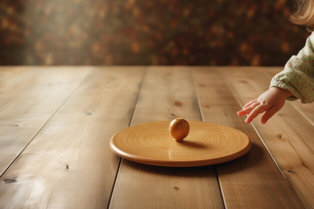 Photo la curiosité a déclenché la fascination d'un tout-petit pour une toupie sur une table en bois