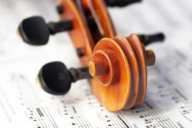 Photo curl du violon avec des chevilles allongé sur la partition de près