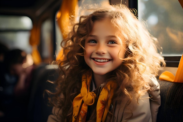 Photo curly girl monte dans le bus scolaire back to school generative ai 3