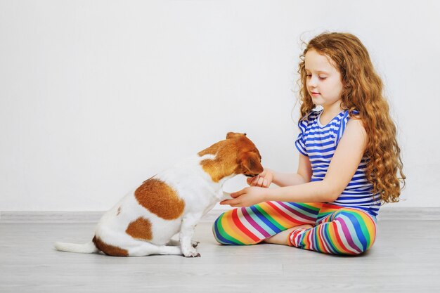 Curly petite fille est la formation du chien Jack Russel Terrier.