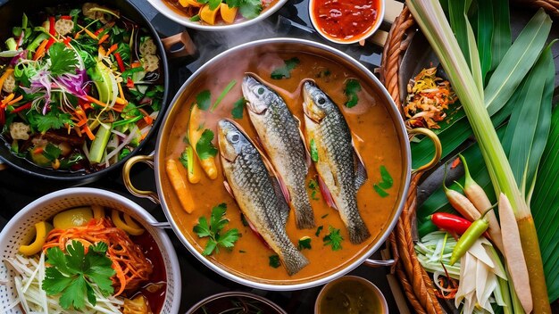 Curry acide avec du poisson à tête de serpent, du jardin épicé, du pot chaud, de la nourriture thaïlandaise.