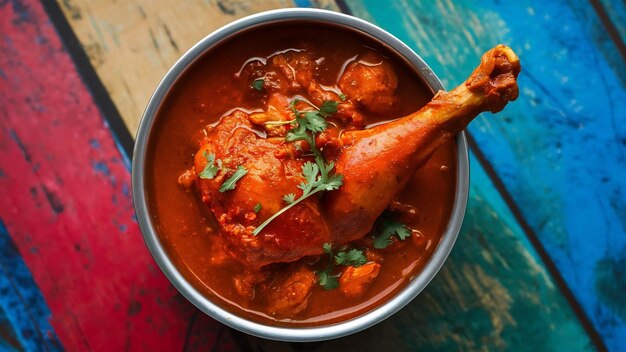 Photo curry au poulet rougeâtre épicé ou masala avec un morceau de jambe proéminent servi dans un bol ou kadhai sur co