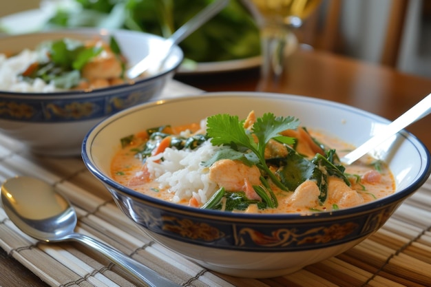 Curry de crevettes thaïlandaises avec du riz dans un bol décoré Photographie alimentaire en gros plan