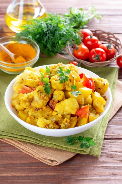 Curry indien fait maison - chou-fleur de pomme de terre, aloo gobi masala sur une assiette