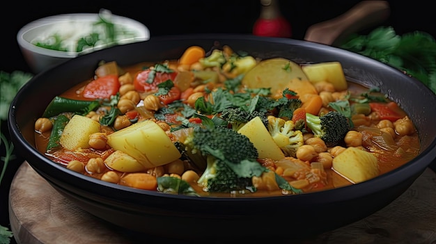 Le curry de légumes épicé est un plat réconfortant et satisfaisant, parfait pour les végétaliens et les mangeurs de viande. Généré par AI