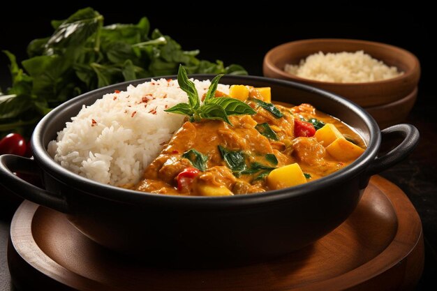 Un curry de mangue et de poulet servi avec du riz cuit à la vapeur