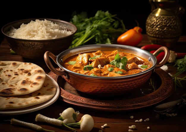 Photo un curry massaman servi avec du riz cuit à la vapeur et du naan