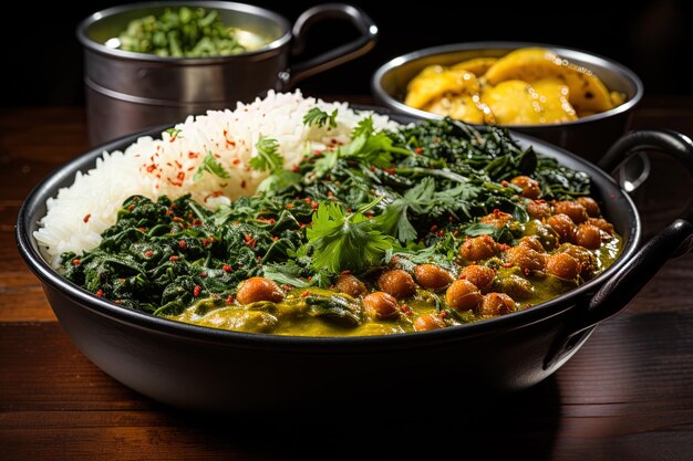 curry de pois chiches et d'épinards fait maison avec des plats de riz blanc