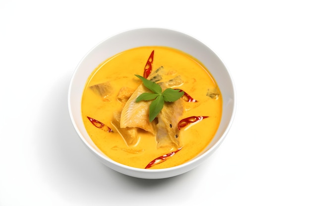 Curry de poisson dans un bol isolé sur fond blanc
