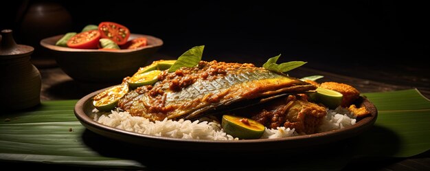 Curry de poisson indien traditionnel fait avec du tapioca et des assaisonnements épicés de style Kerala servi sur une feuille de banane également connu sous le nom de kappa ou manioc avec sardine masala cette cuisine asiatique