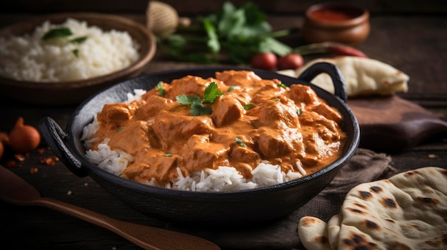 Curry de poulet épicé Tikka Masala avec du riz et du pain naan sur fond de bois parfait pour les Indiens