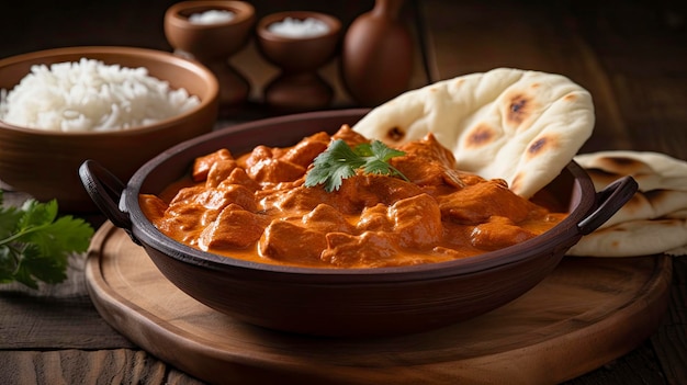 Curry de poulet épicé Tikka Masala avec du riz et du pain naan sur fond de bois parfait pour les Indiens