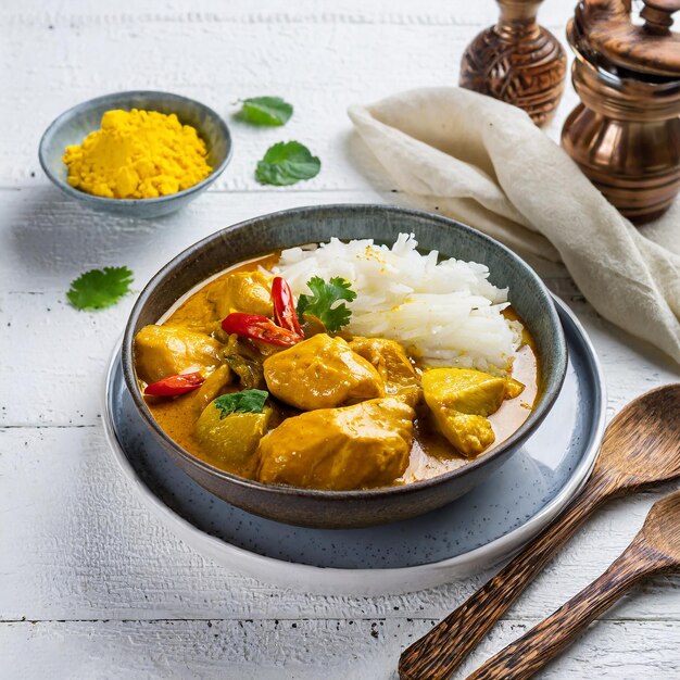 Photo curry de poulet de style malaisien avec des pommes de terre kari ayam focus sélectif fond blanc