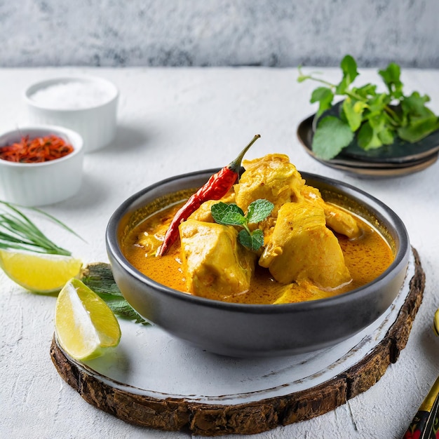 Curry de poulet de style malaisien avec des pommes de terre kari ayam focus sélectif fond blanc