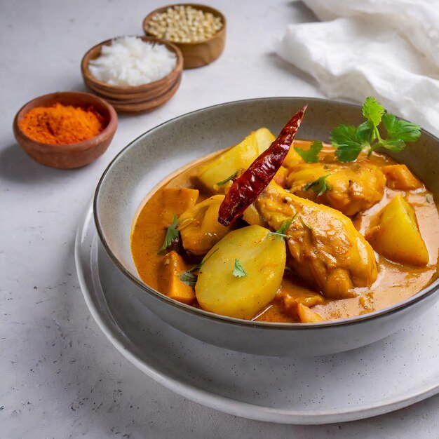 Curry de poulet de style malaisien avec des pommes de terre kari ayam focus sélectif fond blanc