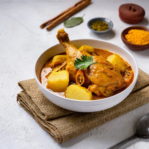 Curry de poulet de style malaisien avec des pommes de terre kari ayam focus sélectif fond blanc