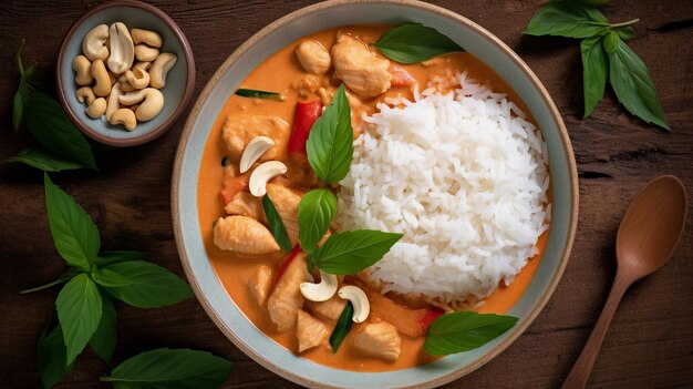 Curry rouge au poulet et à la noix de cajou avec du riz et des herbes