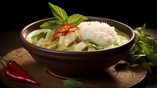 Curry vert thaïlandais épicé avec des légumes de poulet et du riz au jasmin