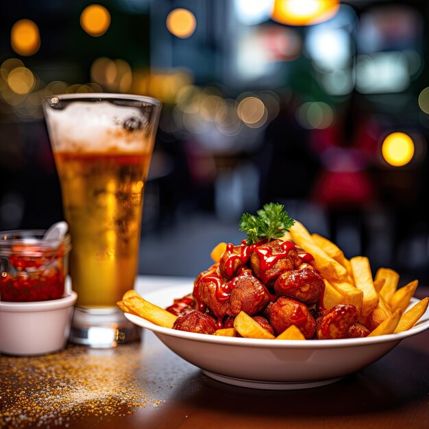 Currywurst avec une portion de frites et une boisson restaurant flou en arrière-plan