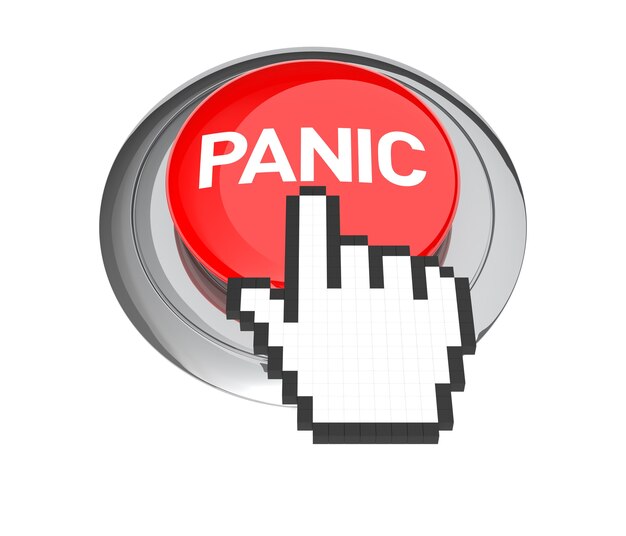Curseur de main de souris sur le bouton de panique rouge. Illustration 3D.