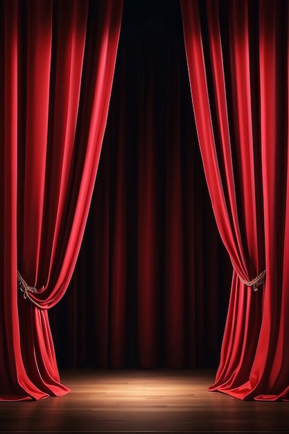Curtain rouge fermé sur le fond de la scène, faisceau de projecteurs éclairant les rideaux théâtraux