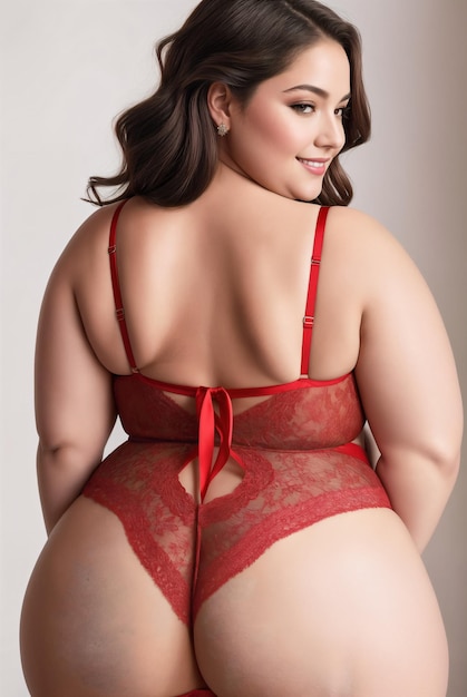 Curve de beauté plus taille femme grosse en lingerie rouge en studio longs cheveux sombres vue arrière créateur numérique art de la mode