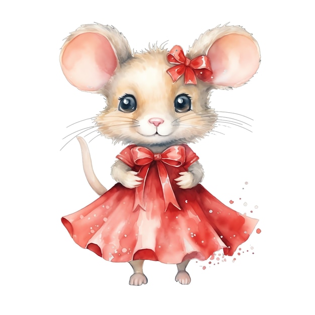 Cute aquarelle mignonne petite souris habillée avec une illustration de robe de Noël pour Noël