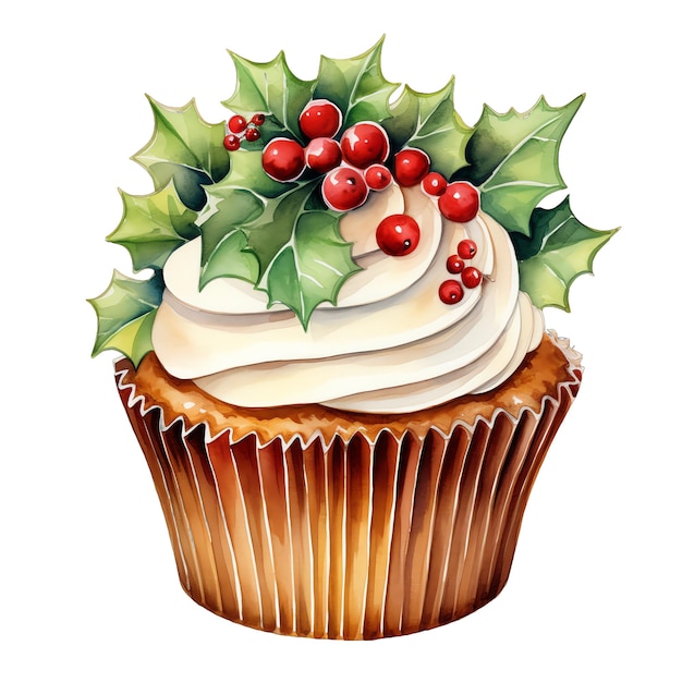 Cute aquarelle de Noël décoré cupcake illustration pour Noël