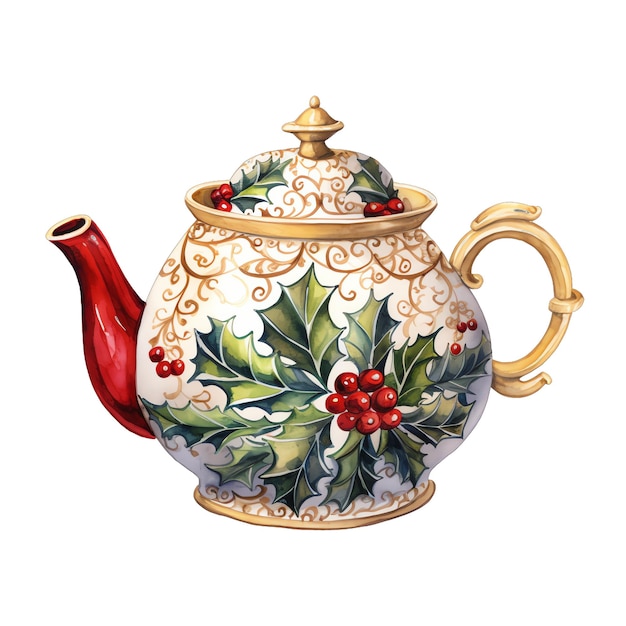 Cute aquarelle de Noël décorée illustration de pot de thé pour Noël