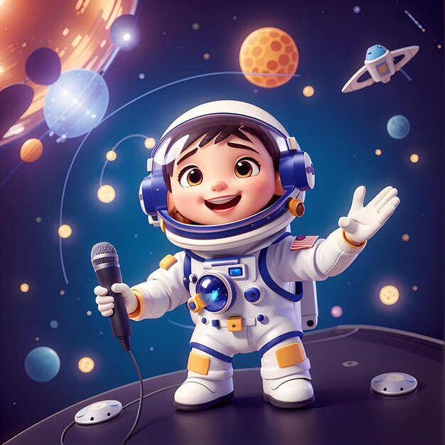 Cute astronaute chantant avec un microphone dans l'espace dessin animé icône vectorielle illustration technologie scientifique