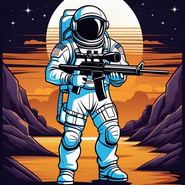 Cute astronaute guerrier militaire tenant un fusil de tireur d'élite