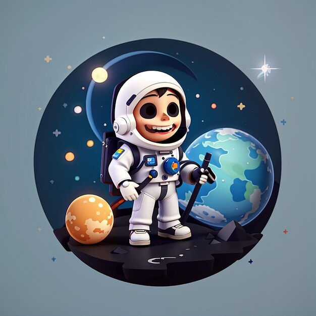 Cute astronaute moissonneuse avec planète dessin animé icône vectorielle illustration vacances scientifiques isolées