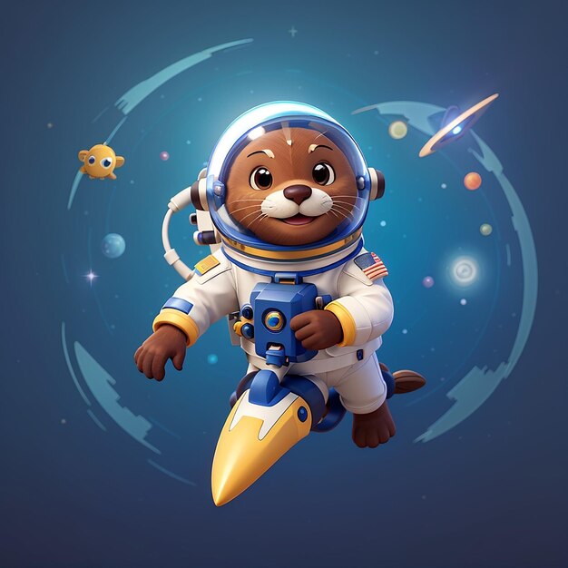 Photo cute astronaute otter riding rocket cartoon vector icon illustration animal trechnology icon concept isolé premium vector flat cartoon style il s'agit d'un dessin animé qui a été créé par l'auteur.