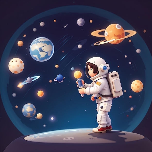 Cute astronaute soufflant planète et lune bulle spatiale dessin animé icône vectorielle illustration science techno