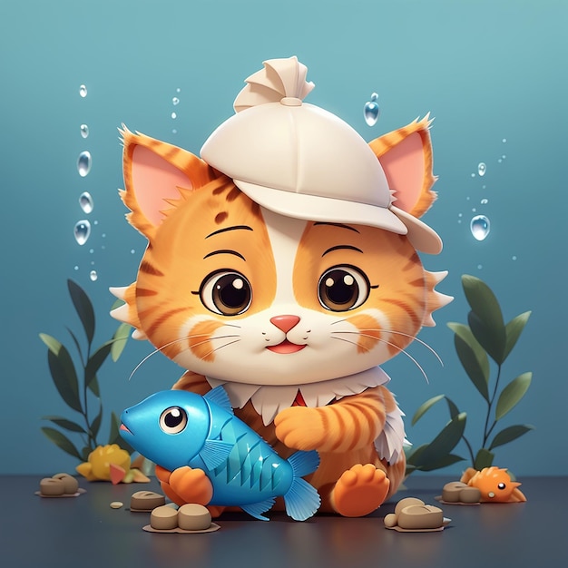 Cute Cat Hug Fish Icon de dessin animé vectoriel Illustration Icon d'alimentation animale Concept isolé Vector Premium Flat Style de dessin dessin.
