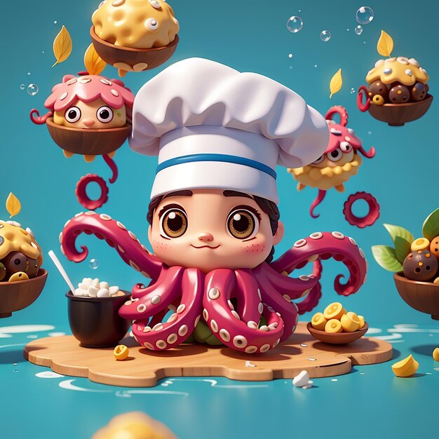 Cute chef poulpe avec takoyaki nourriture dessin animé icône vectorielle illustration icône de nourriture animale isolée