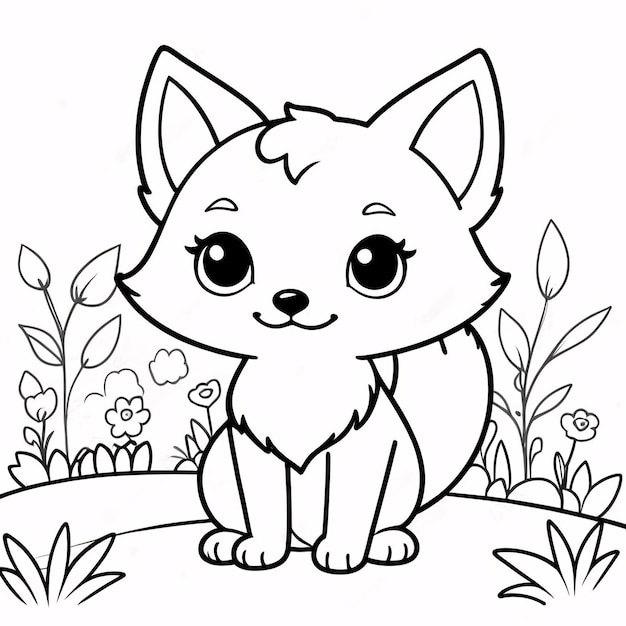 Cute Chibi Fox Line Art Dessin à la main Kawaii pour enfants Illustration de livre à colorier