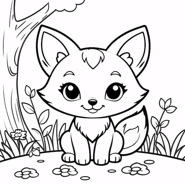 Cute Chibi Fox Line Art Dessin à la main Kawaii pour enfants Illustration de livre à colorier