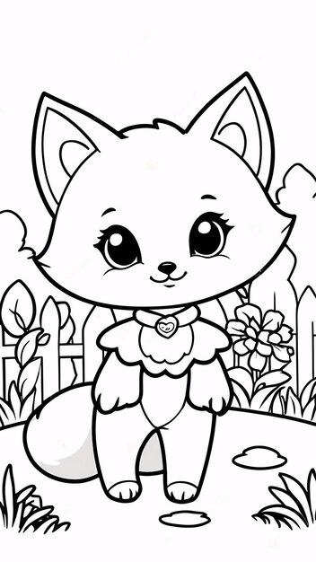 Cute Chibi Fox Line Art Dessin à la main Kawaii pour enfants Illustration de livre à colorier