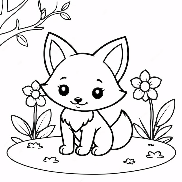 Cute Chibi Fox Line Art Dessin à la main Kawaii pour enfants Illustration de livre à colorier