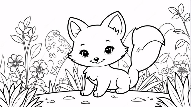 Cute Chibi Fox Line Art Dessin à la main Kawaii pour enfants Illustration de livre à colorier